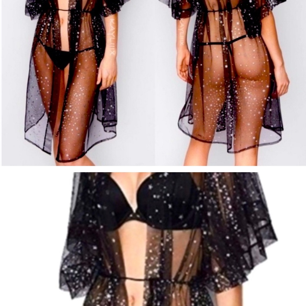 Victoria's Secret Black Sheer Robe with Silver Stars (Showgirl)